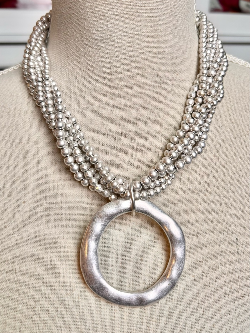 Venera Arapu Silver Multi-Strand Beaded Statement Necklace Open Ring Pendant